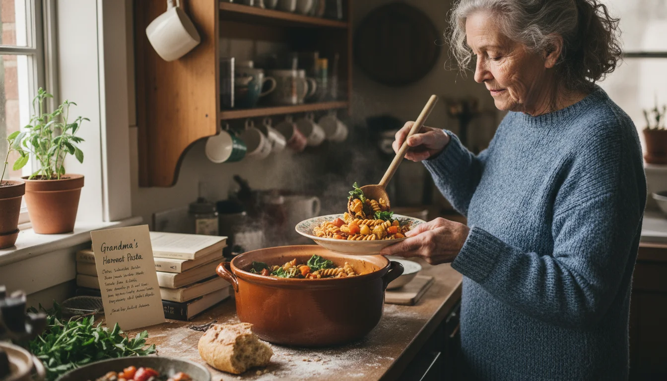An older woman in a cozy kitchen confidently serves a pasta dish from a pot onto a plate, with a recipe card visible nearby.