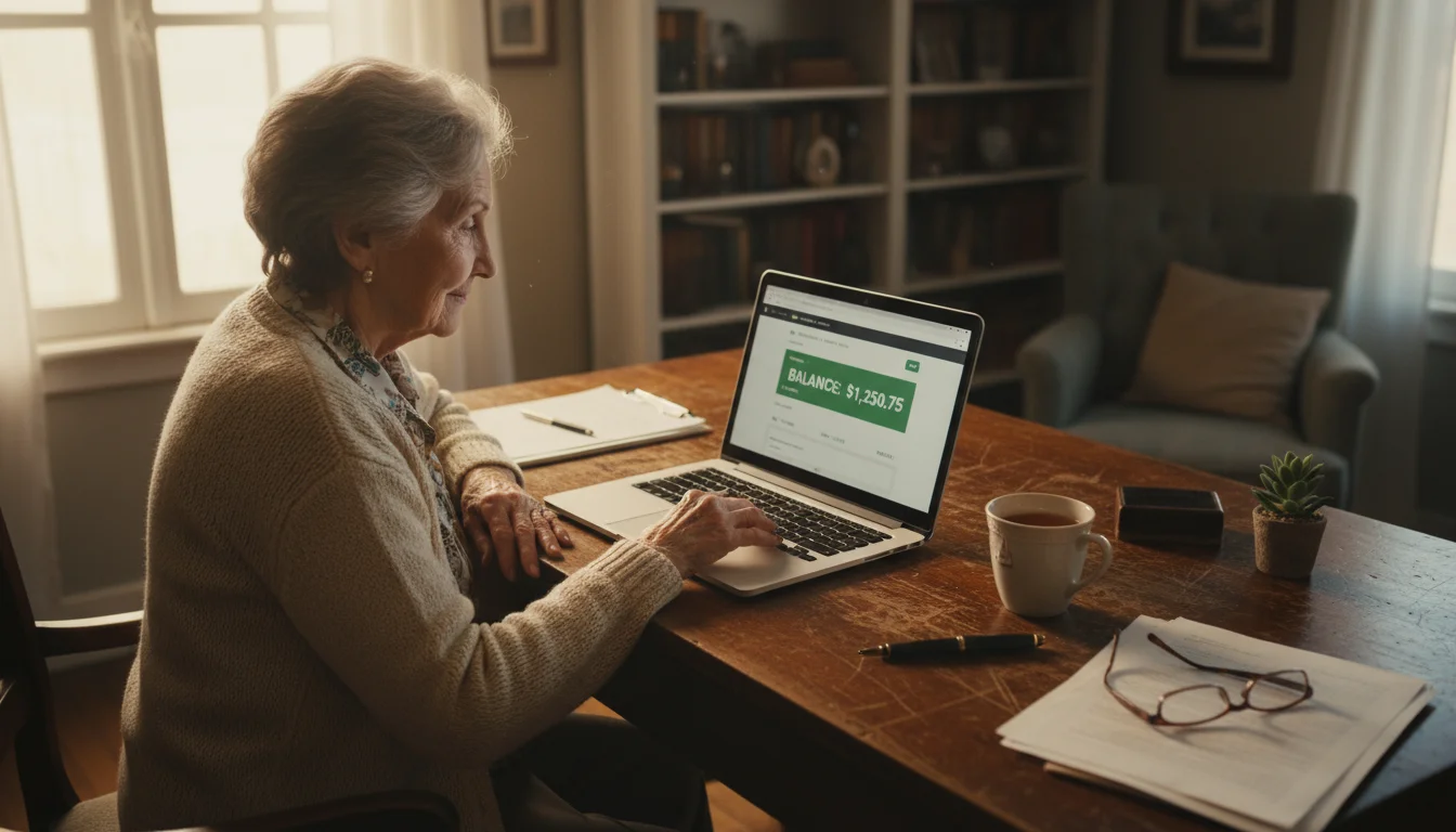 Older woman at a desk looking thoughtfully at a laptop screen showing an online payment app or marketplace.