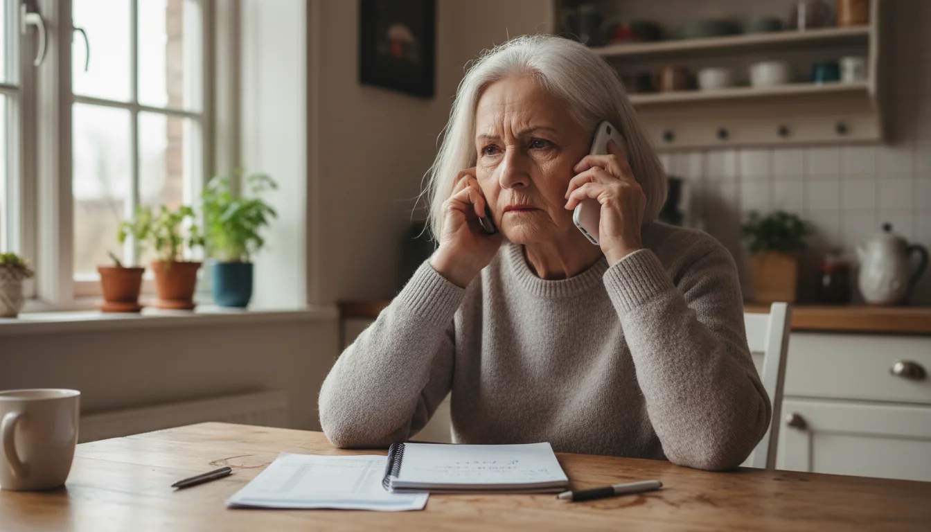 An older woman with a determined expression sits at a kitchen table, holding a cordless phone to her ear. A bank statement is nearby.