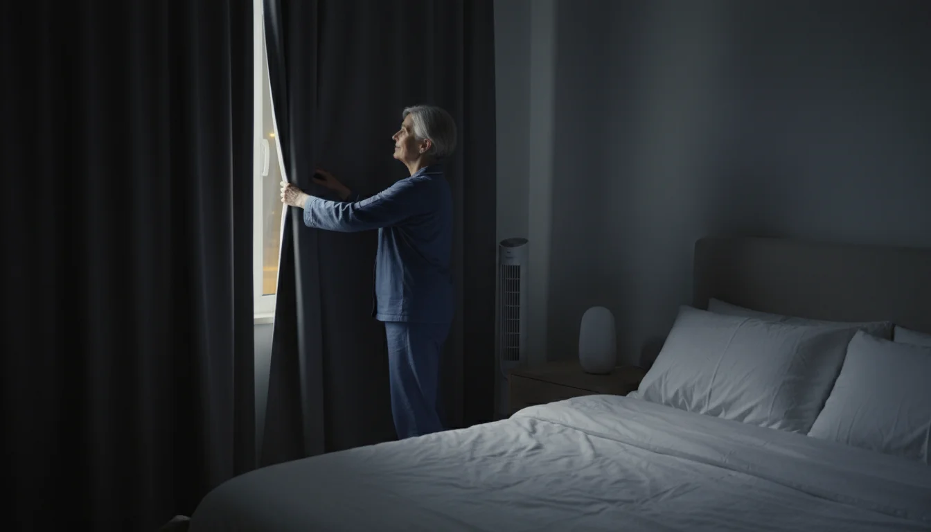 An older woman in a dimly lit bedroom closes a dark blackout curtain. A quiet fan and white noise machine are visible.