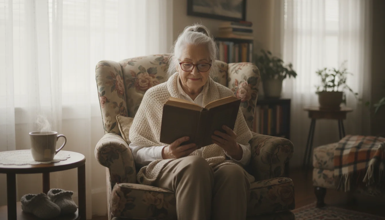 Older woman, early 80s, in an armchair, reading a book with glasses on, a mug of tea beside her in soft morning light.