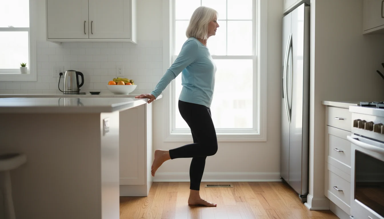 An older woman, early 70s, balances on one leg, gently touching a kitchen counter for support, demonstrating a single-leg stance exercise.