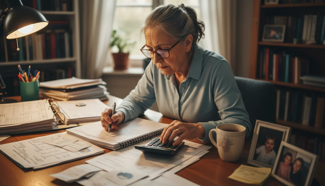 Older woman, early 70s, focused on financial documents and a calculator at a desk, with a furrowed brow.