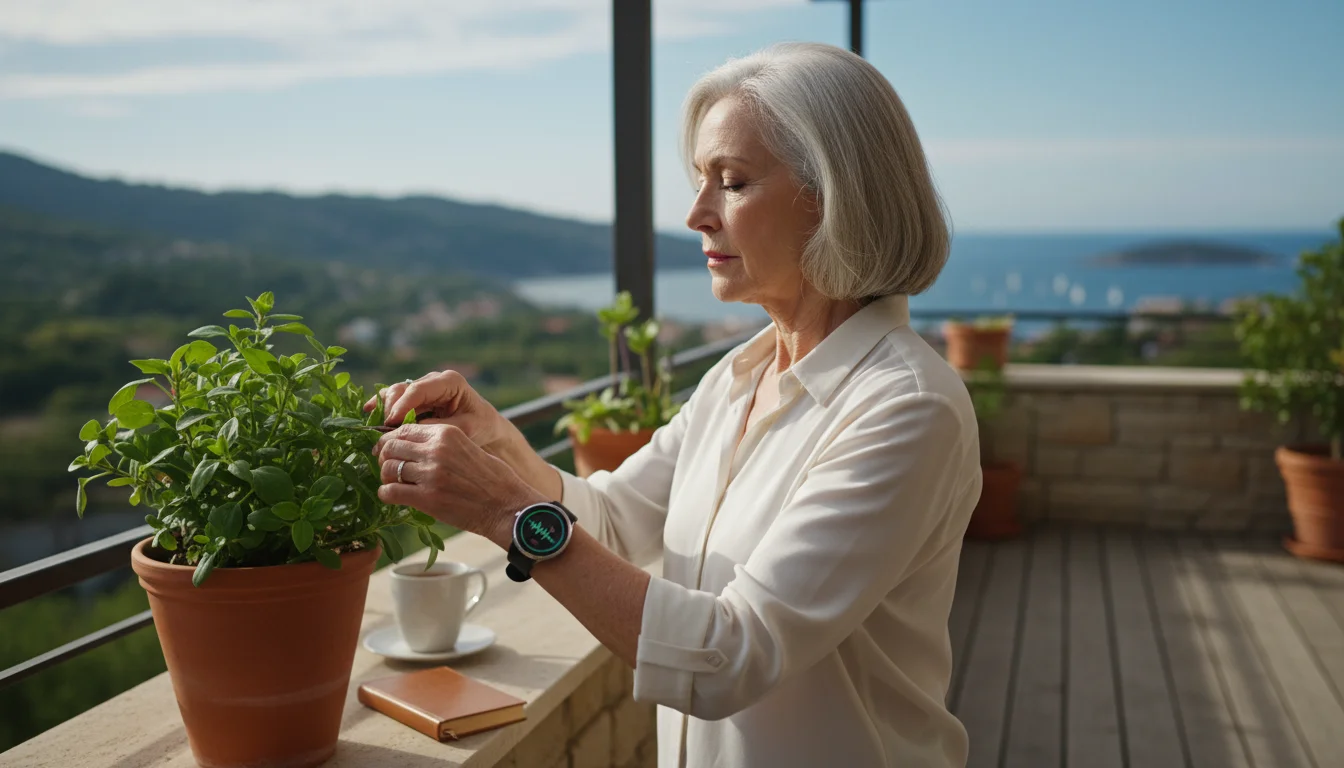 Older woman, early 80s, pruning a plant on a sunny balcony with a wearable health device on her wrist.