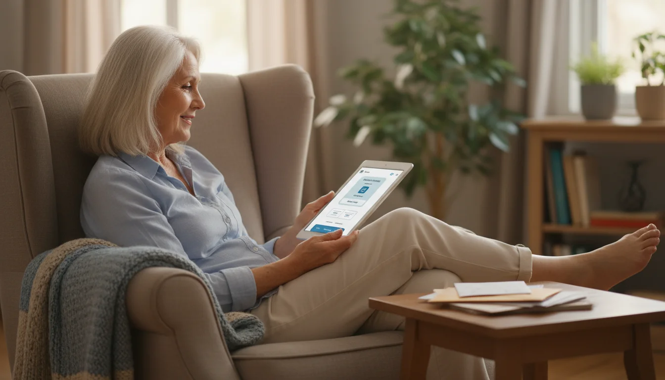 An older woman, early 70s, sits in an armchair, calmly looking at a tablet showing an online banking screen.