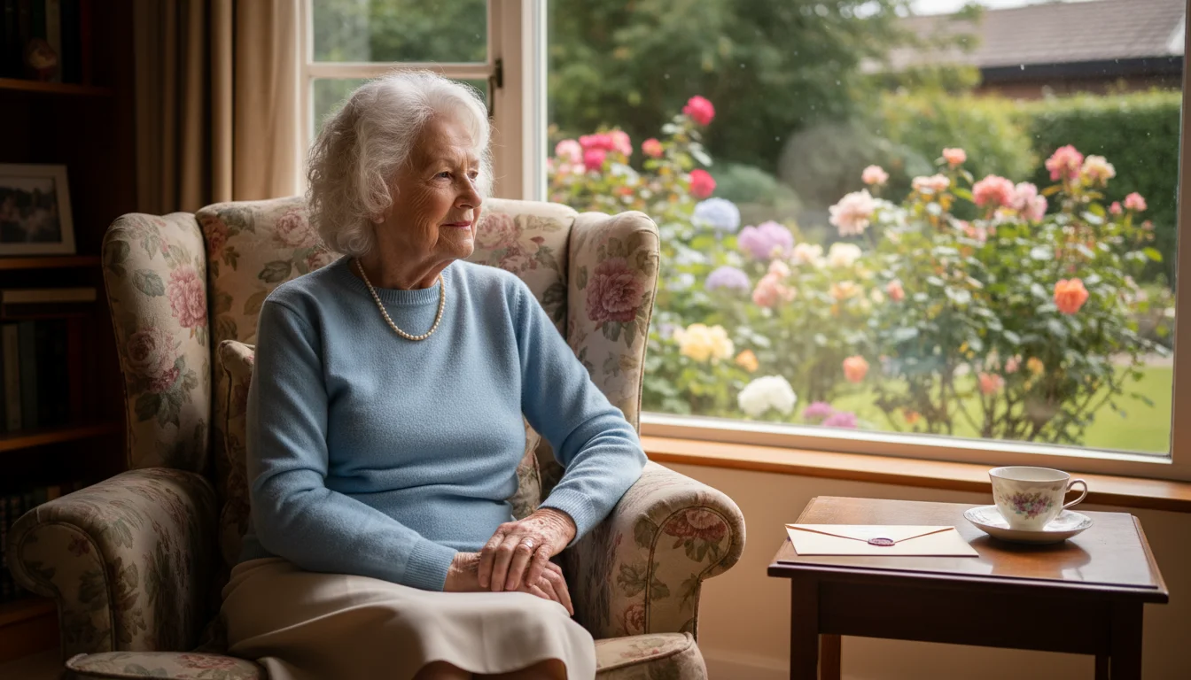 An older woman, early 80s, sits in her living room, looking out a window at her garden. An envelope rests on a nearby table.
