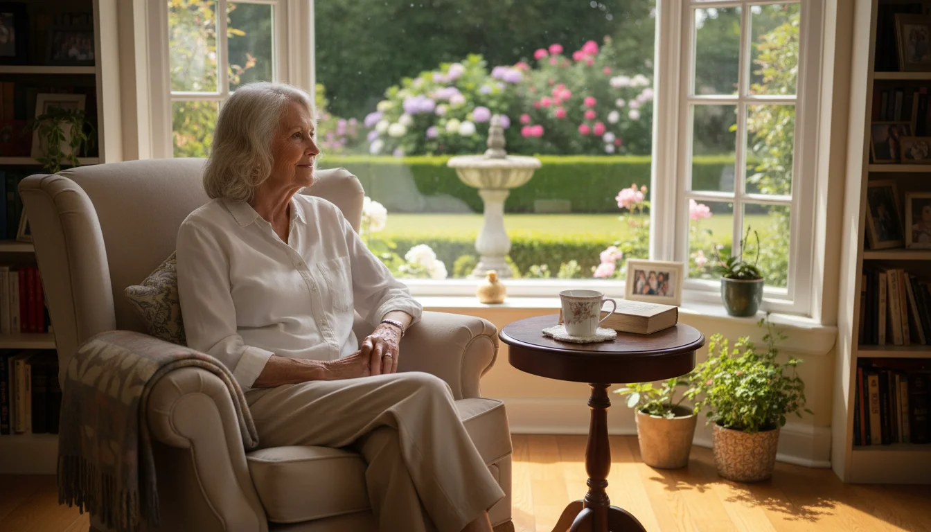 An older woman, early 70s, sits in a sunlit living room, looking calmly out a window at a green garden, a mug nearby.
