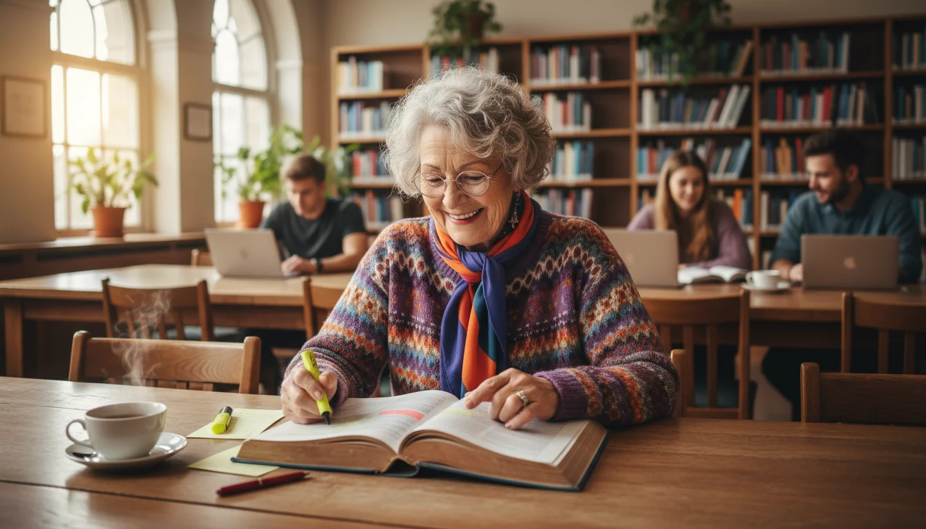 An older woman, early 70s, sits at a university library table, deeply focused on reading a large textbook. Young students study blurred in the backgro