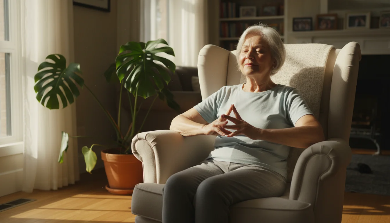 Older woman, early 70s, sitting calmly in an armchair in her sunlit living room, hands clasped, looking content.