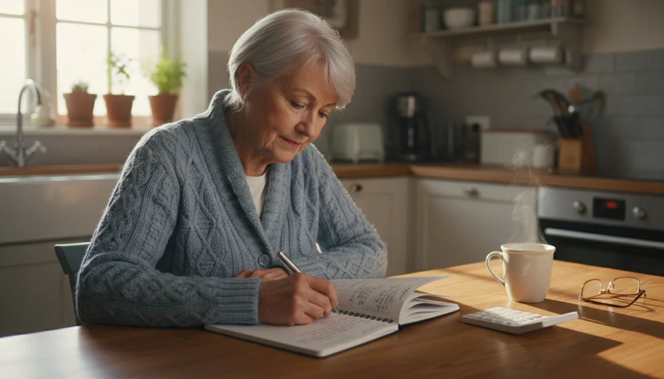 Older woman, early 70s, sitting at a kitchen table, intently writing notes in a notebook with a calculator nearby. She is focused on financial plannin