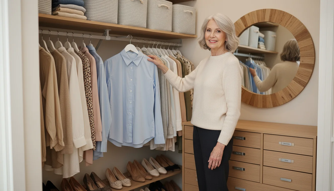 An older woman easily reaches for a shirt on a low closet rod. Open-front bins with clothing are visible on a shelf.