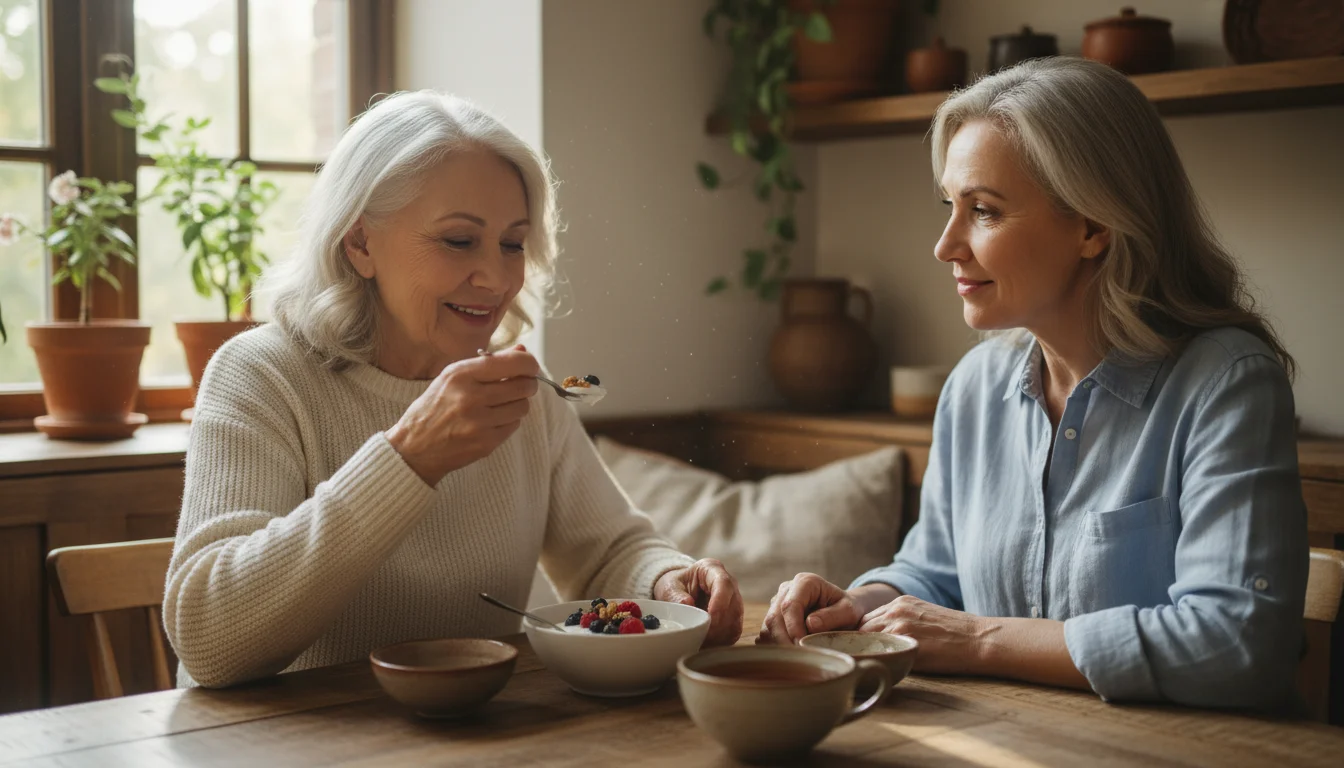 Older woman eating small bowl of yogurt with berries at a table, an adult woman watches with a kind smile in a sunlit home.