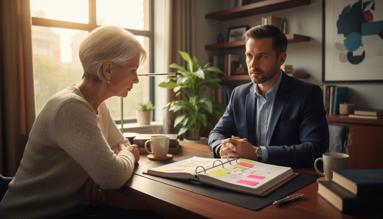 An older woman and an estate attorney review a complex legal document in a warm office, discussing estate planning details.