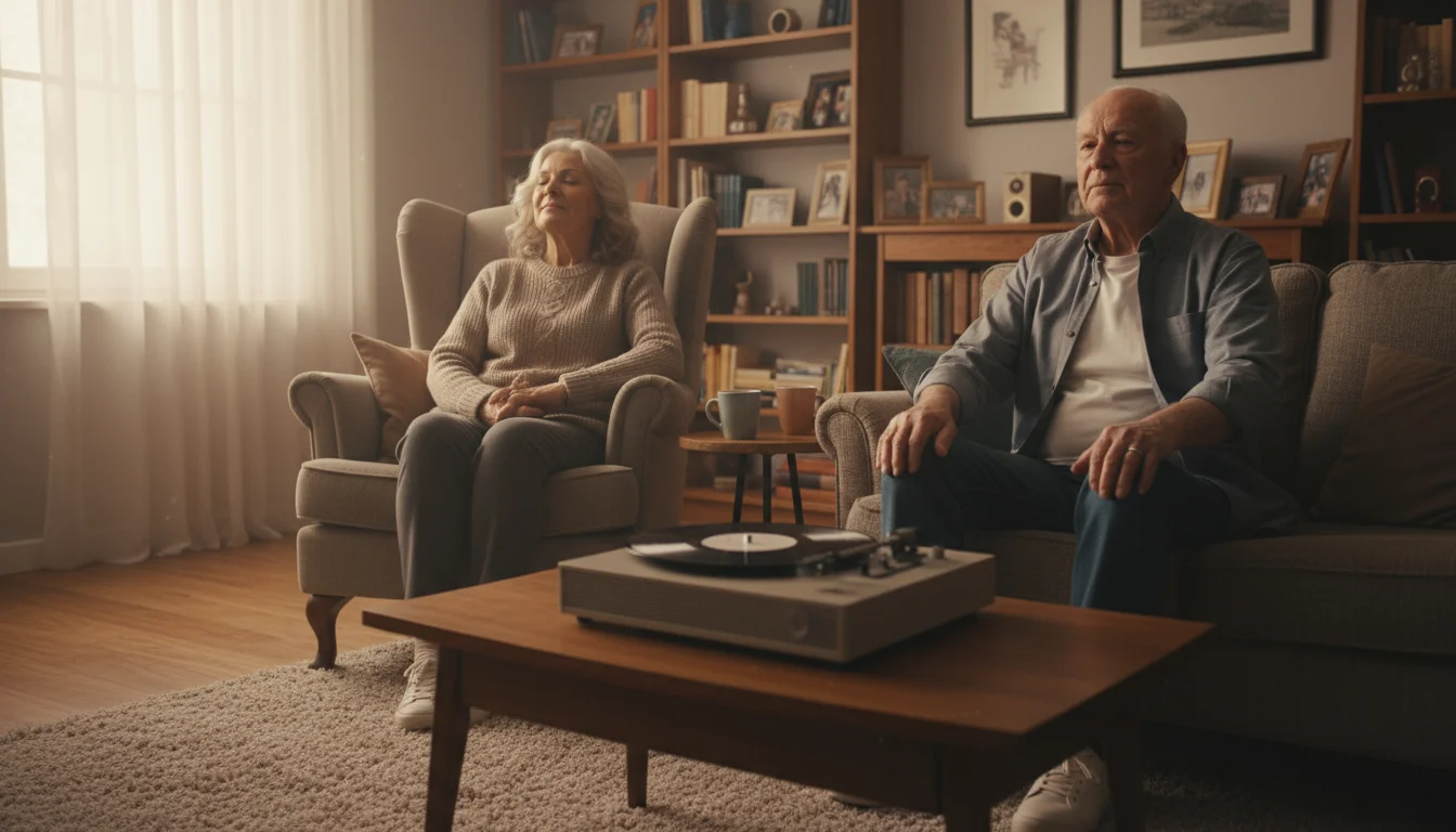 An older woman with eyes closed listening to music, next to an older man gently tapping his fingers to a beat.