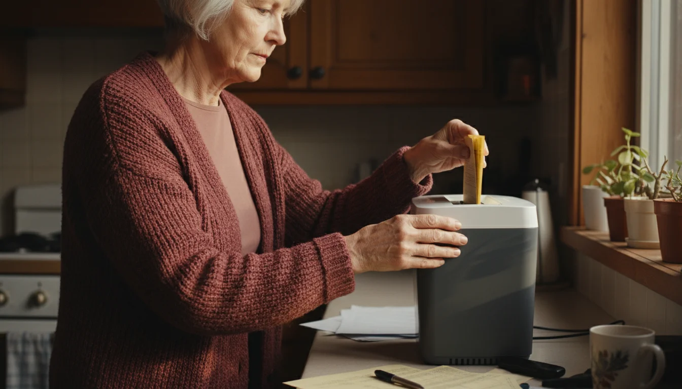 Older woman carefully feeding bank statements into a paper shredder on her kitchen counter.