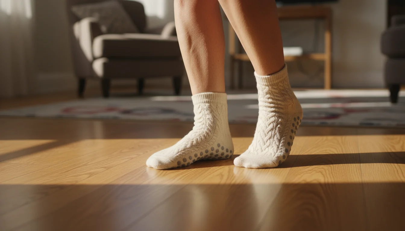 Older woman's feet in light non-slip socks with visible grips, taking a stable step on a wooden floor inside her home.