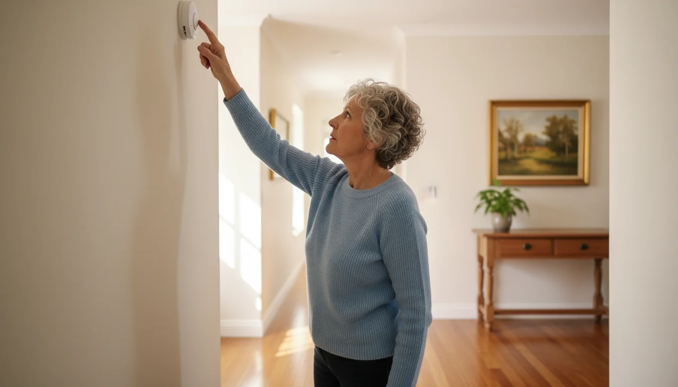 An older woman, focused and active, presses the test button on a white smoke detector on a light-colored ceiling.