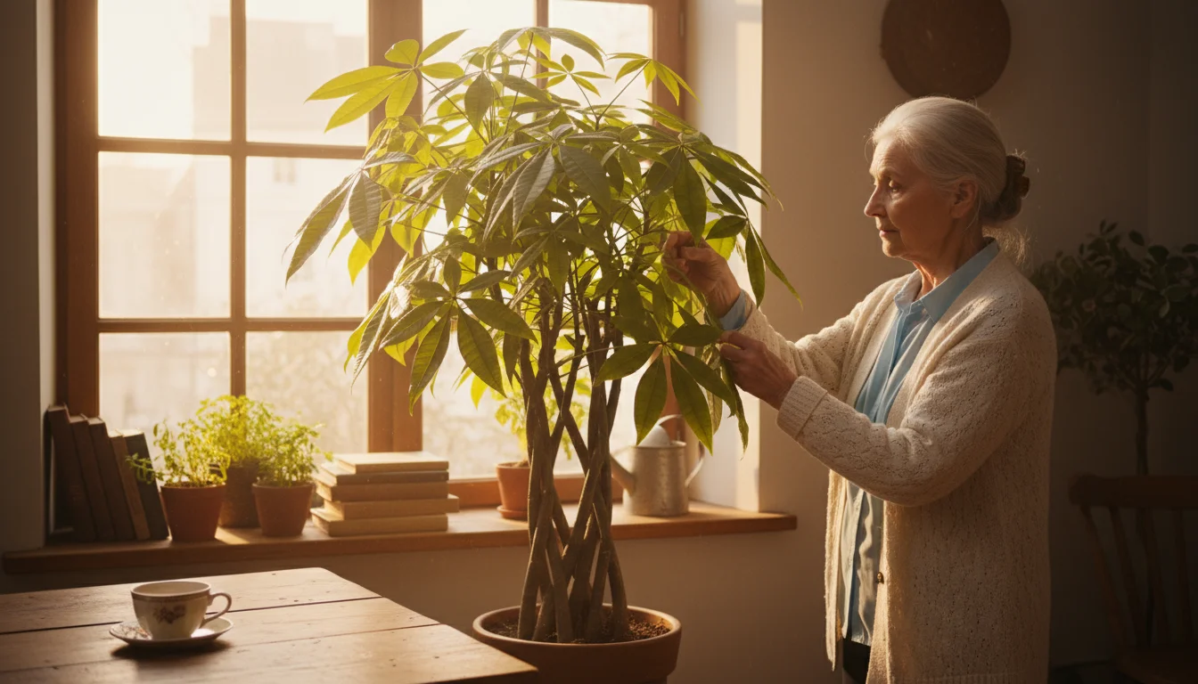 An older woman with a focused expression gently tends to a thriving, well-established money tree plant on a sunlit kitchen windowsill.