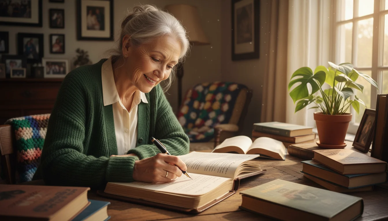 An older woman with a focused expression writes in a leather journal with a fountain pen at a sunny wooden desk, surrounded by books and a plant.