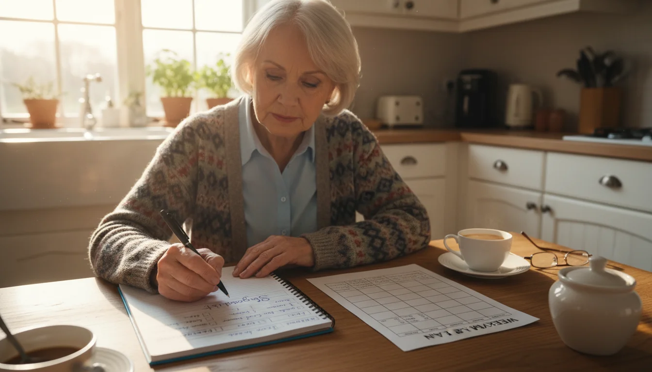 Older woman focused on writing an organized grocery list with specific items and store sections visible.