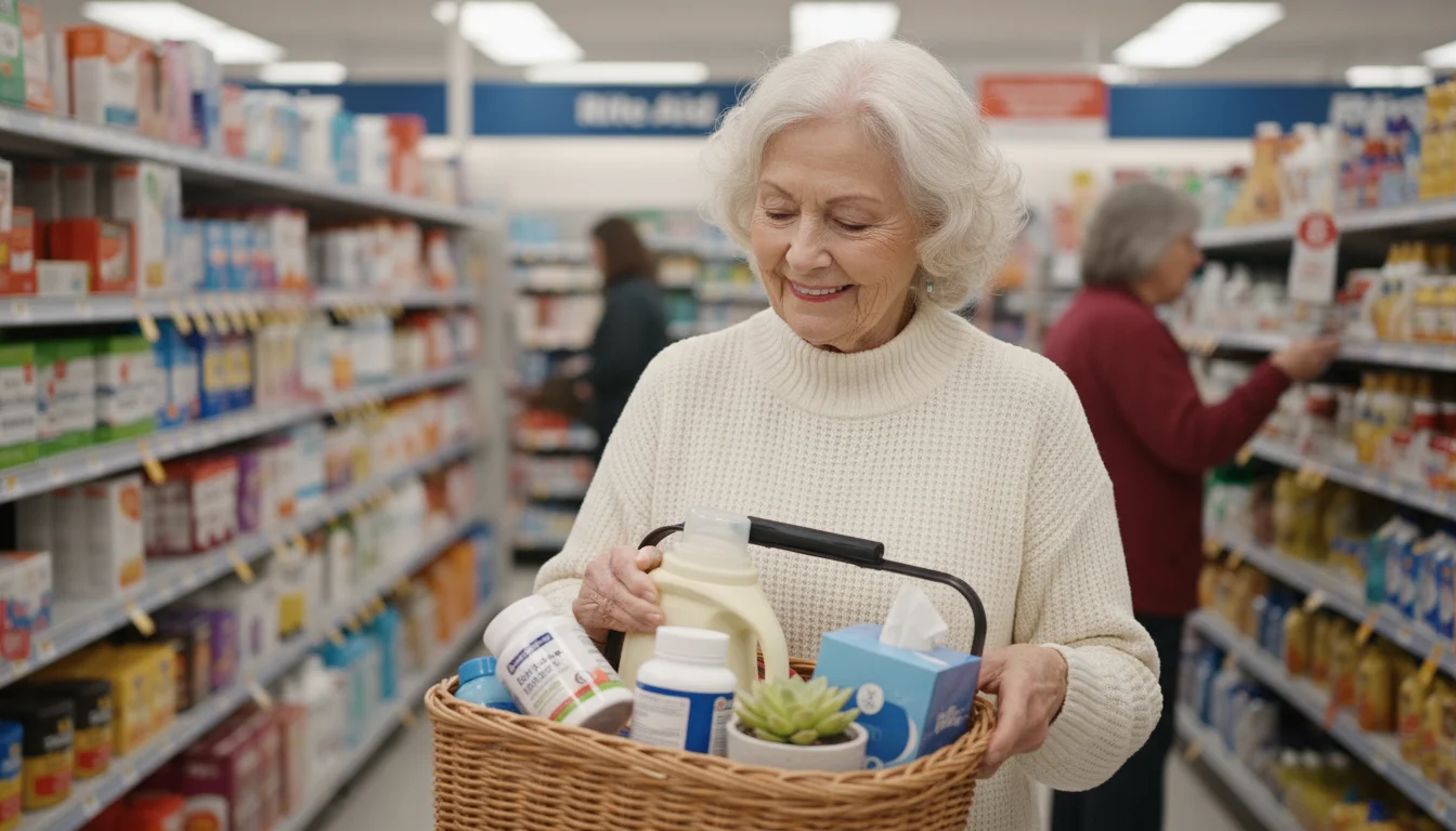 An older woman with a full shopping basket looking at products in a Rite Aid store aisle.