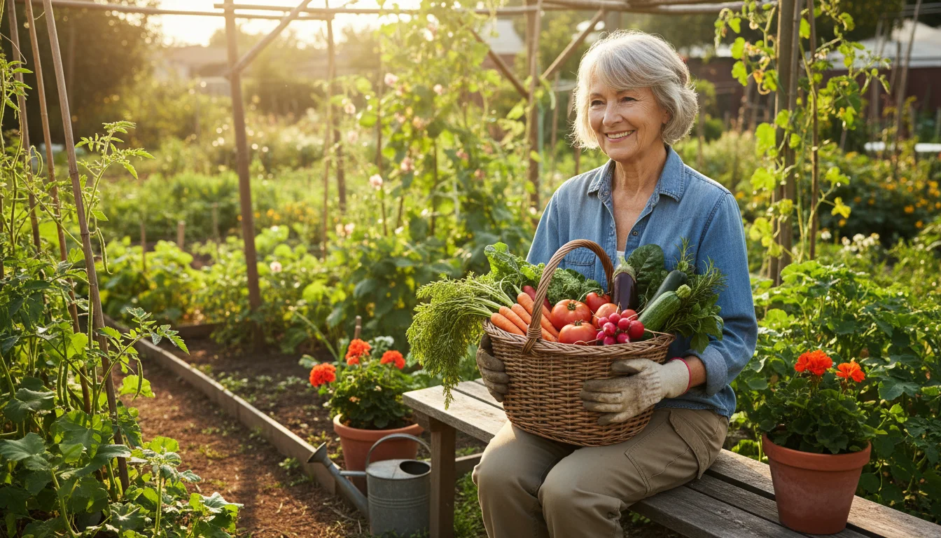 Older woman in a garden holding a large basket full of fresh, colorful vegetables like tomatoes, kale, and peppers.