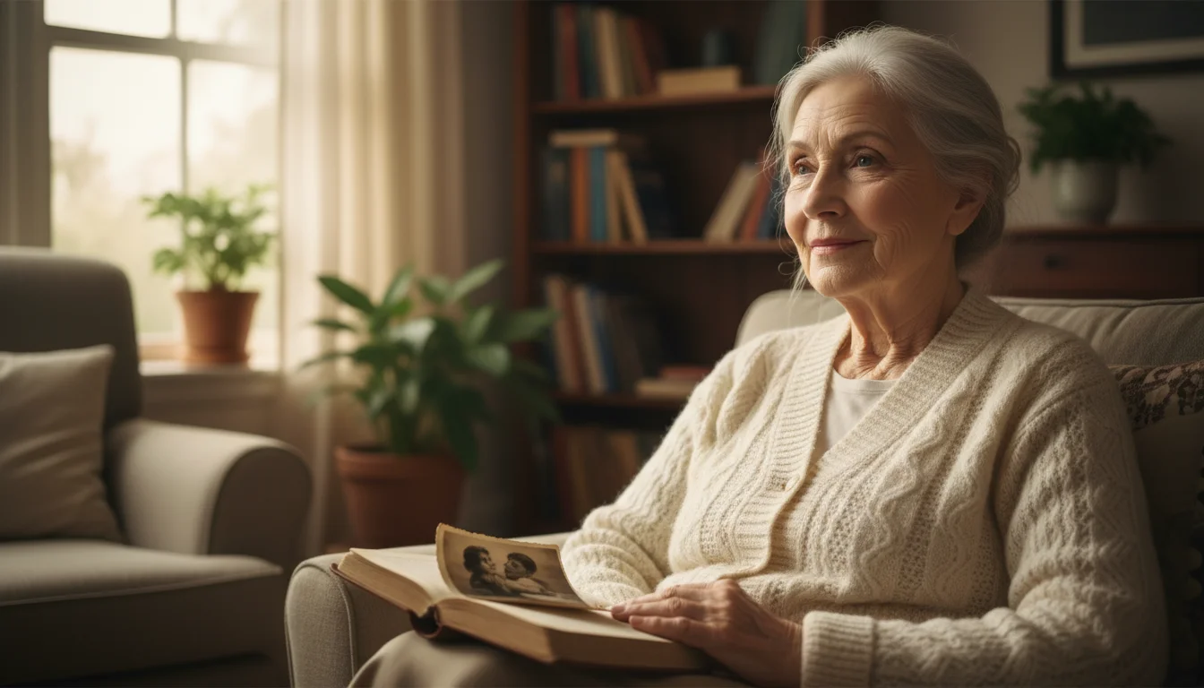 An older woman with a gentle, reflective smile looks thoughtfully into the distance, a journal and old photograph visible nearby.