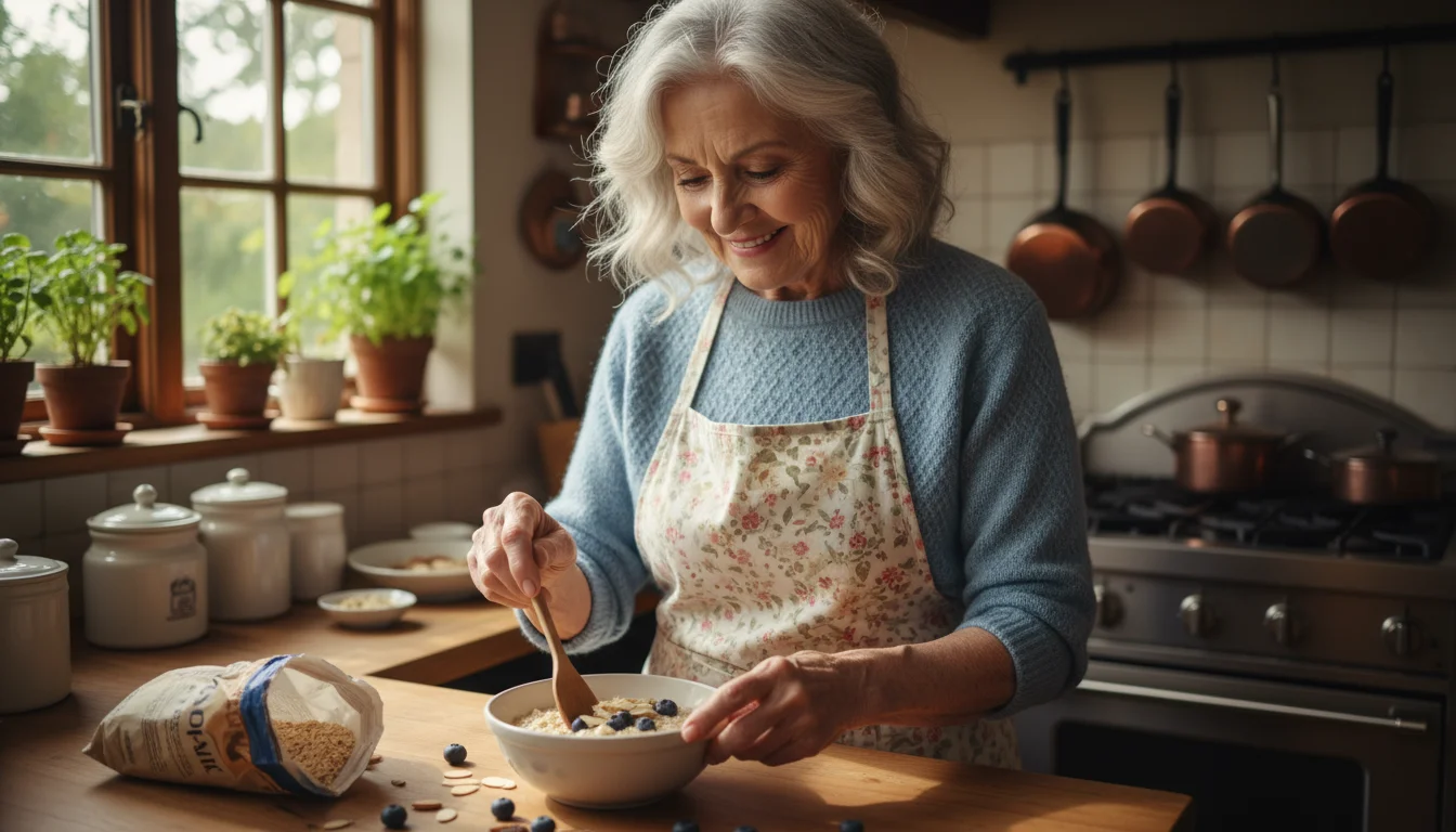 An older woman with a gentle smile stirs blueberries and almonds into a bowl of oatmeal in her bright kitchen.