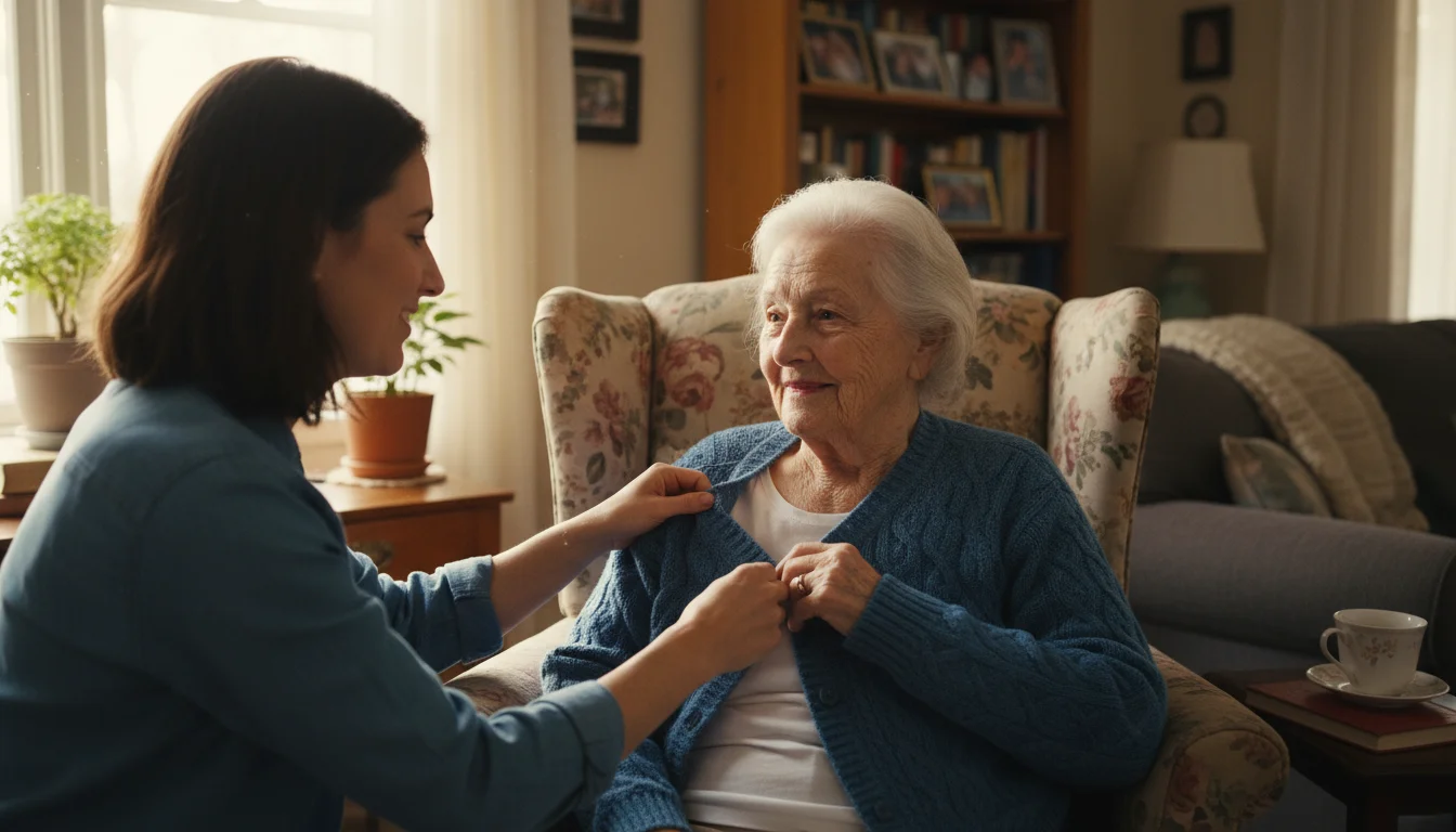 An older woman getting help from a caregiver with putting on a blue sweater in a cozy living room.