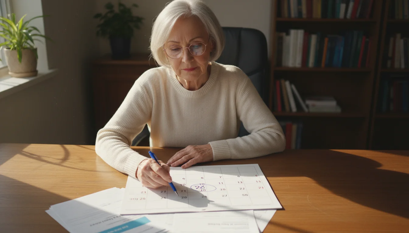 Older woman with glasses at a desk, tapping a pen next to a circled date on a calendar amidst financial papers.
