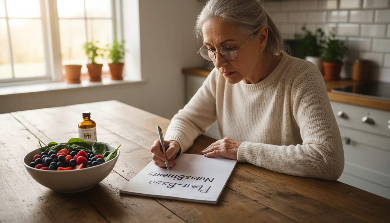 Older woman in glasses at kitchen island, reviewing a 'Plant-Based Nutrients' list next to berries, spinach, and a supplement bottle.