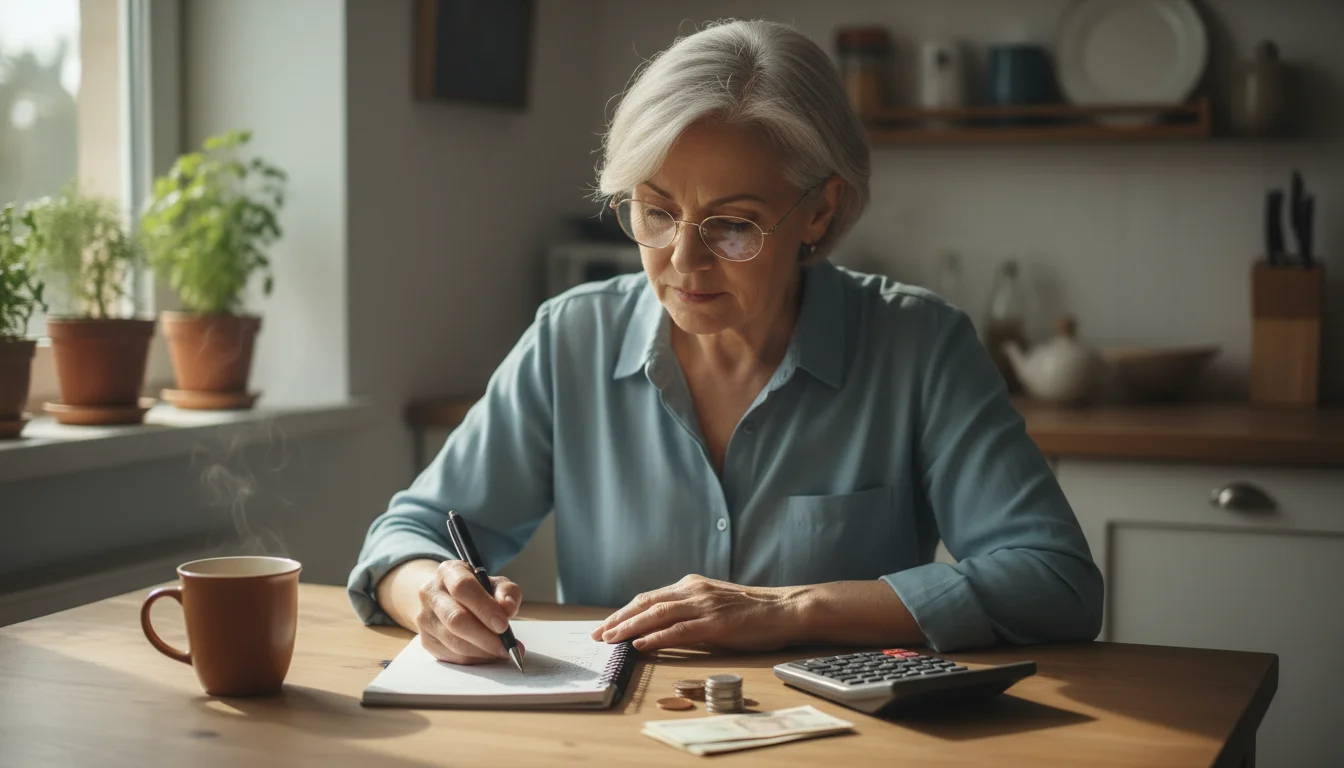 Older woman with glasses at a kitchen table, looking at a budget notebook, calculator, and financial documents.