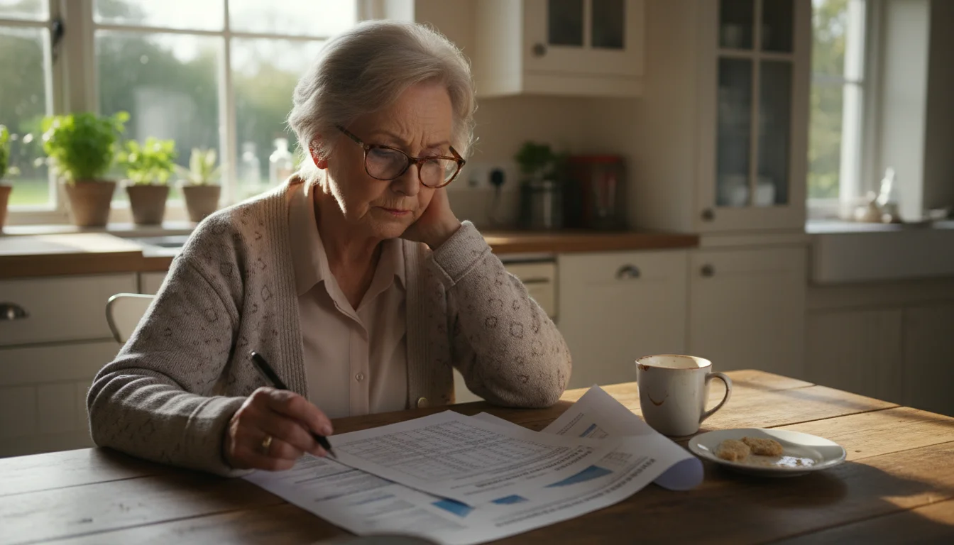 Older woman with glasses at kitchen table, intently reviewing a financial document. Coffee cup and pen nearby.