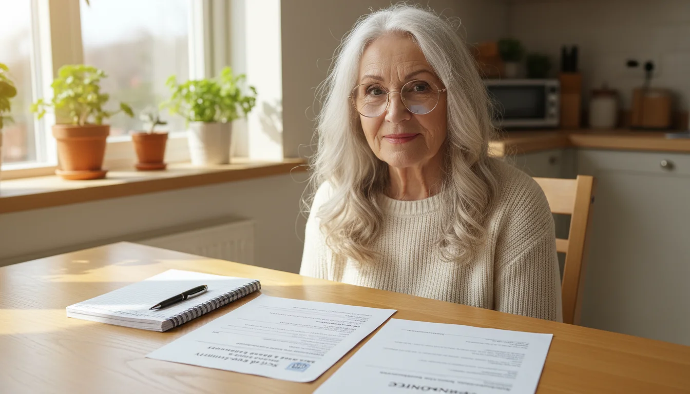 An older woman in glasses reviews financial documents and a notebook at a kitchen table, focusing on her income statements.