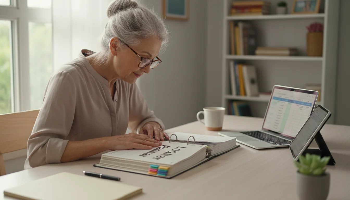 An older woman in glasses sits at a desk, looking at an open binder and a laptop displaying digital account information.
