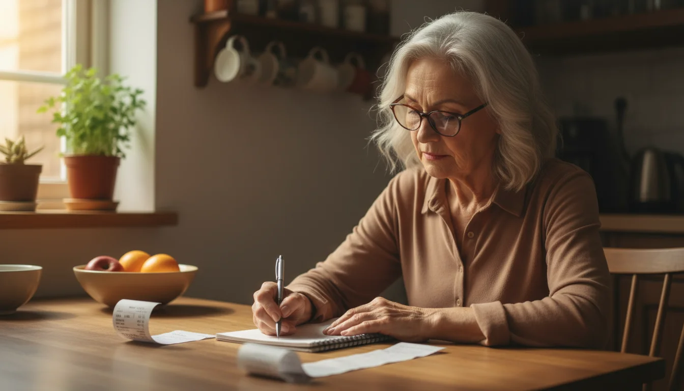 An older woman in glasses sits at a kitchen table, thoughtfully reviewing papers and writing in a notebook.