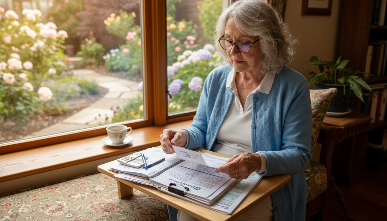 An older woman in glasses on a window seat, carefully separating a medical receipt from financial papers on a lap desk.