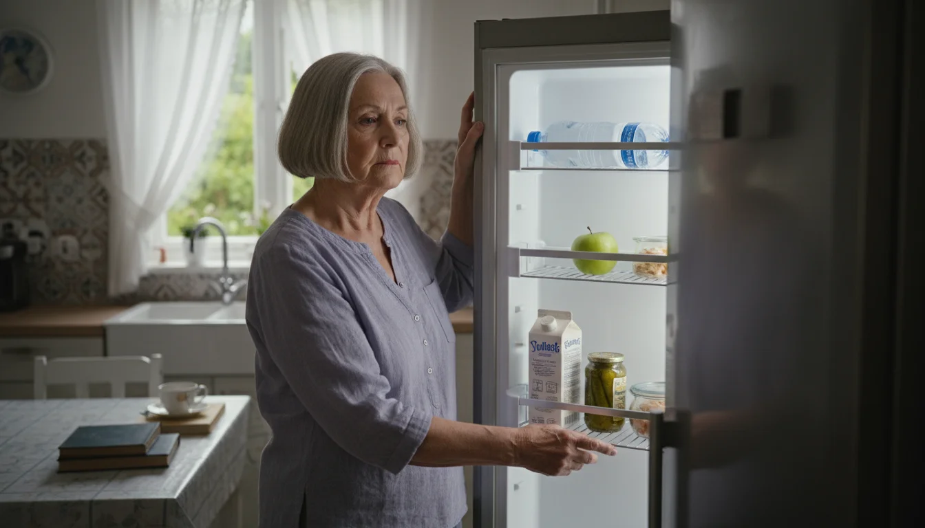 An older woman with gray hair looks into a sparsely stocked refrigerator in her clean kitchen with a thoughtful expression.