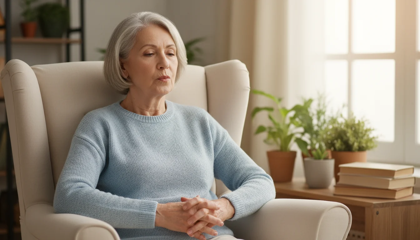An older woman with gray hair sits in an armchair, calmly pursing her lips for a breathing exercise, hands relaxed in her lap.