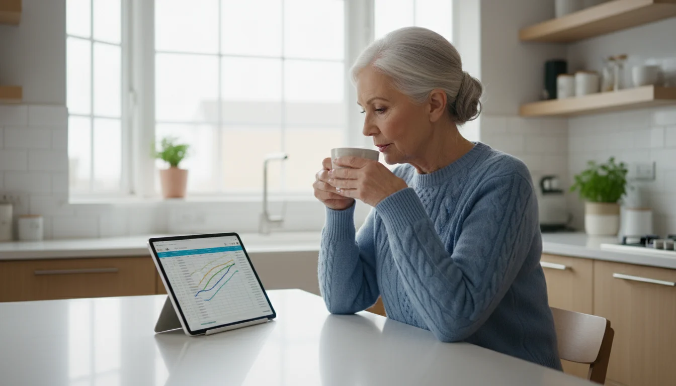 An older woman with gray hair sits at a bright kitchen island, sipping tea and looking at a tablet displaying charts.