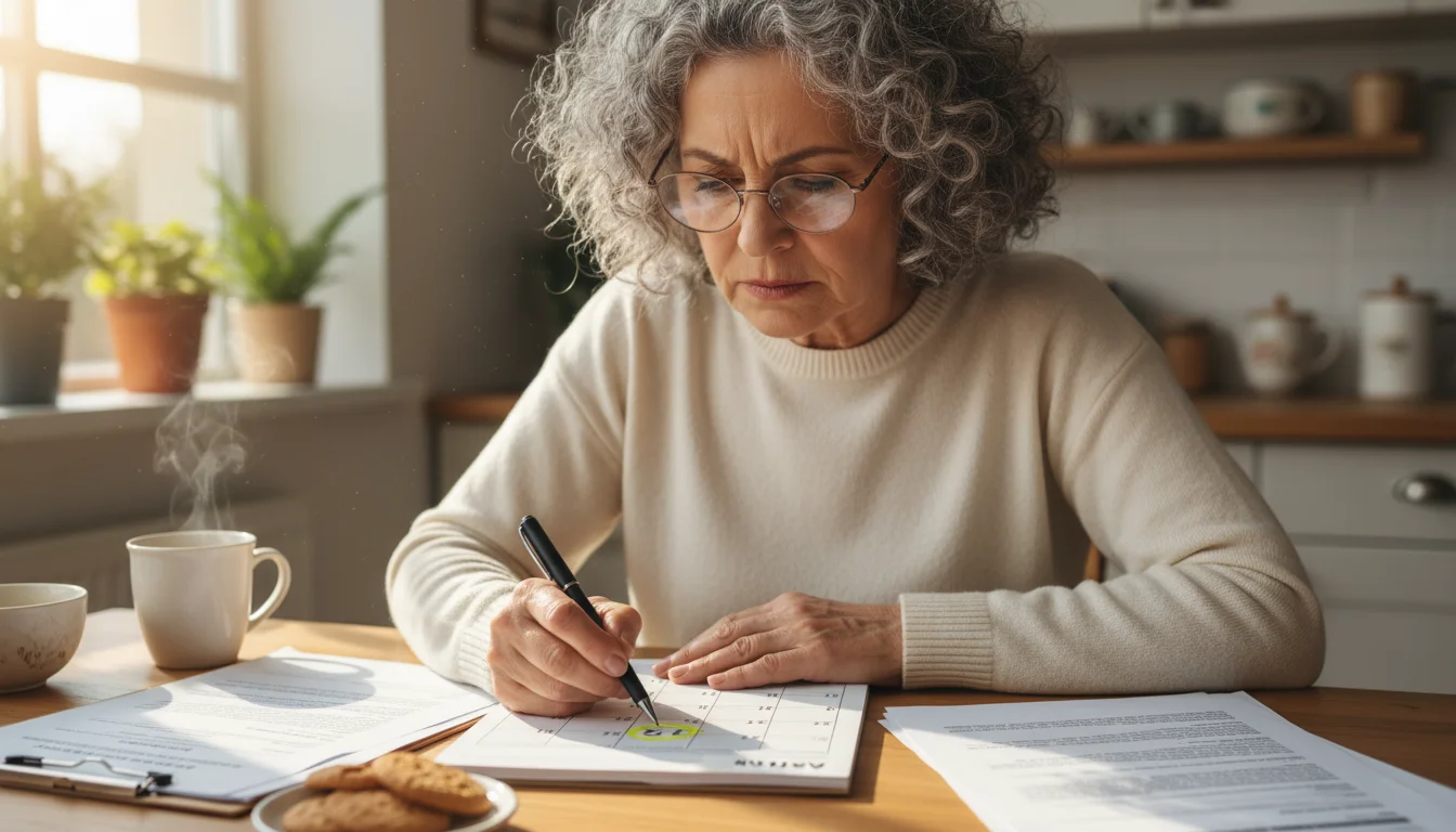 An older woman with gray hair sits at a kitchen table, pointing at a desk calendar with a pen, surrounded by documents.