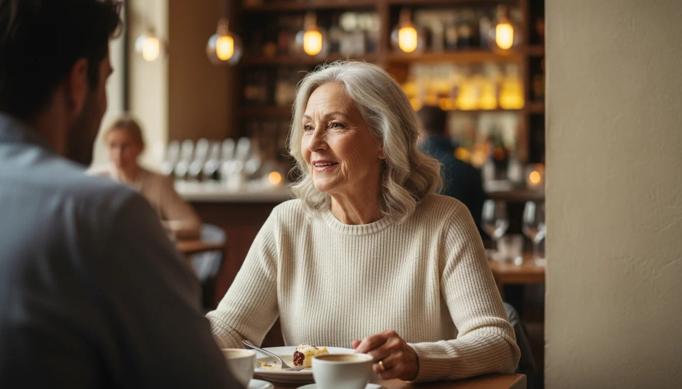 An older woman with gray hair sits at a restaurant table with her back to a wall, talking to a younger woman.
