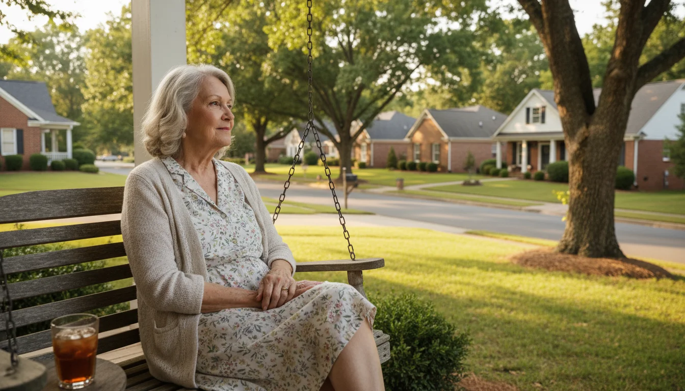 An older woman with gray hair sits on a wooden porch swing, looking out at a quiet, tree-lined suburban street on a sunny day.