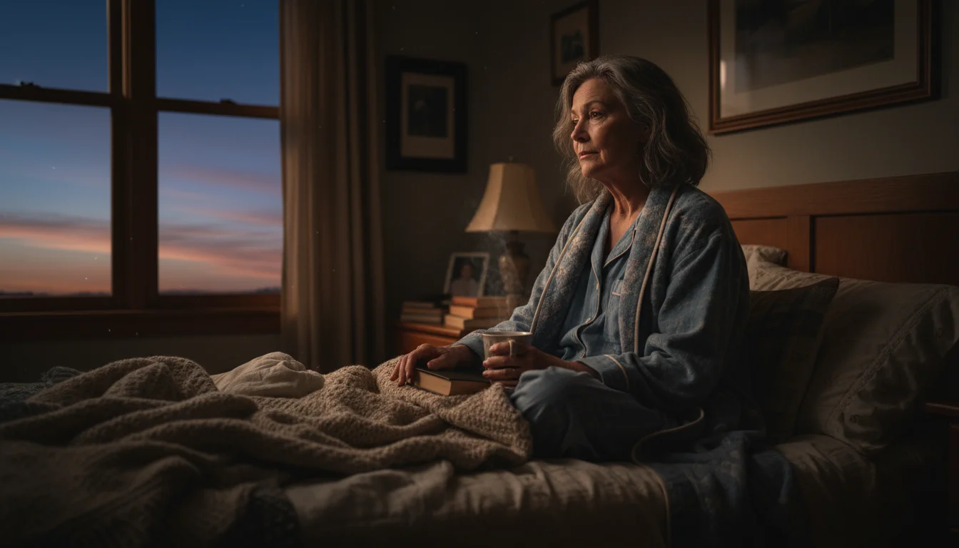 Older woman with gray hair sitting up in bed in a dark bedroom, looking thoughtfully towards a window showing predawn sky.