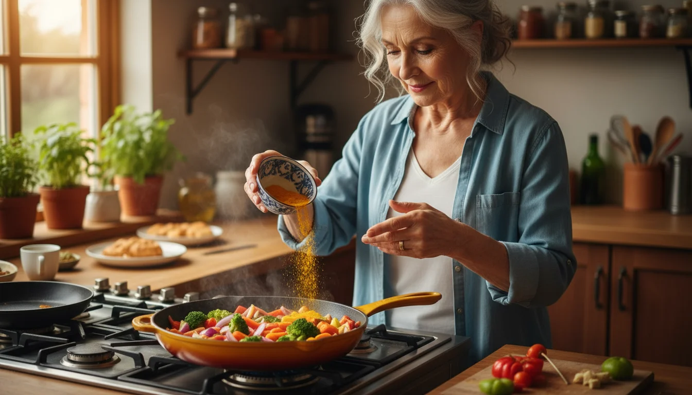 Older woman with gray hair sprinkles bright yellow turmeric into a pan of colorful simmering vegetables in a warm kitchen.