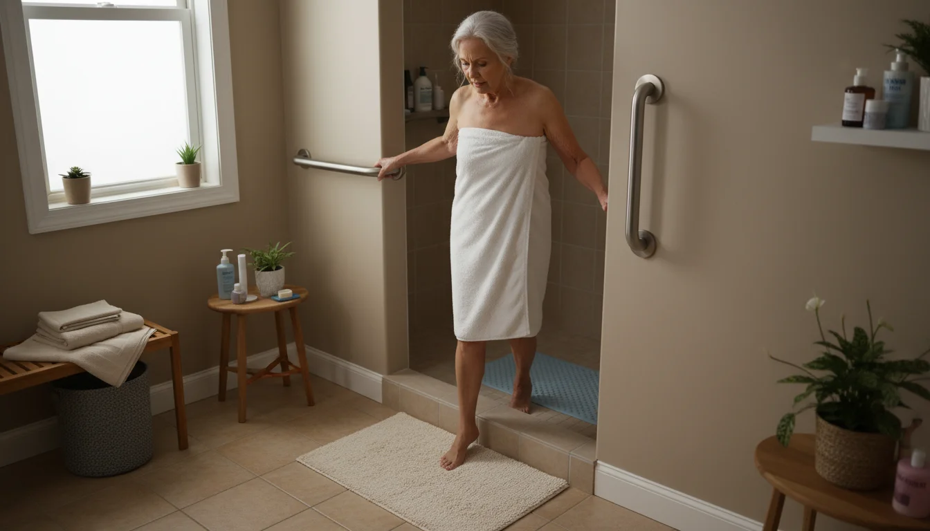 Older woman with gray hair steps out of a walk-in shower, holding a grab bar, onto a non-slip bath mat.