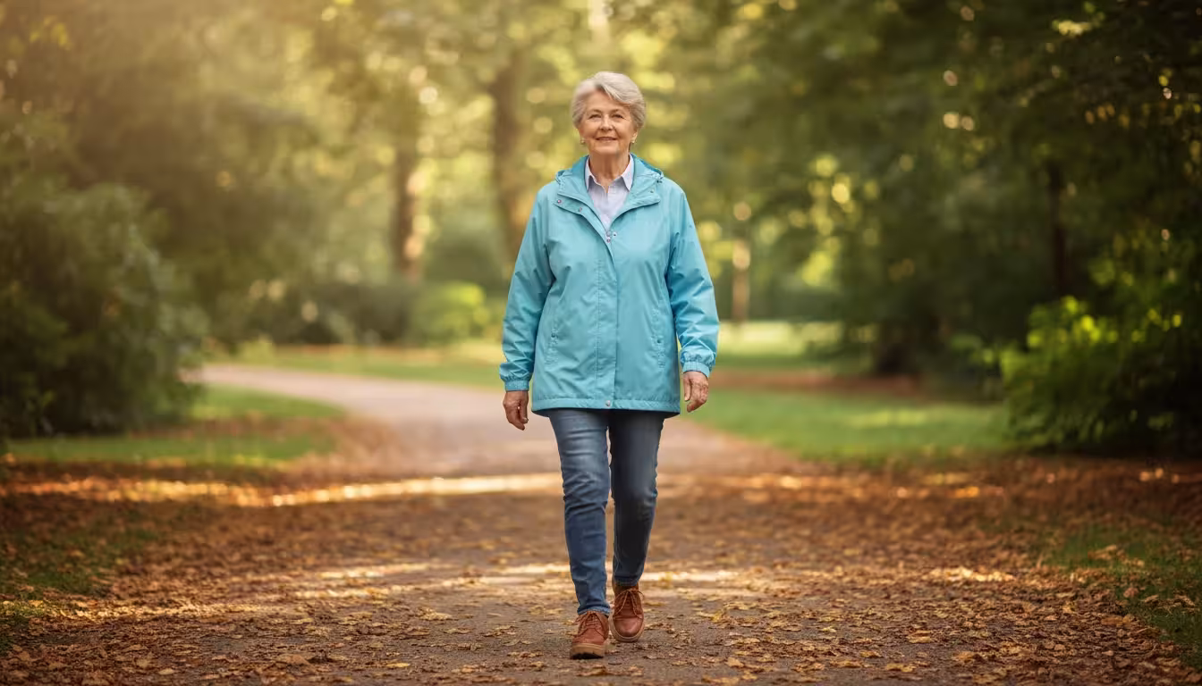 An older woman with gray hair walks gently on a sunlit park path in the early morning, wearing sturdy shoes.