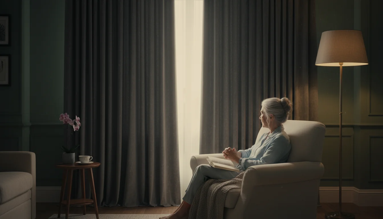 An older woman with graying hair sits calmly in a cozy armchair in a quiet, dimly lit bedroom, thick curtains drawn against outside noise.