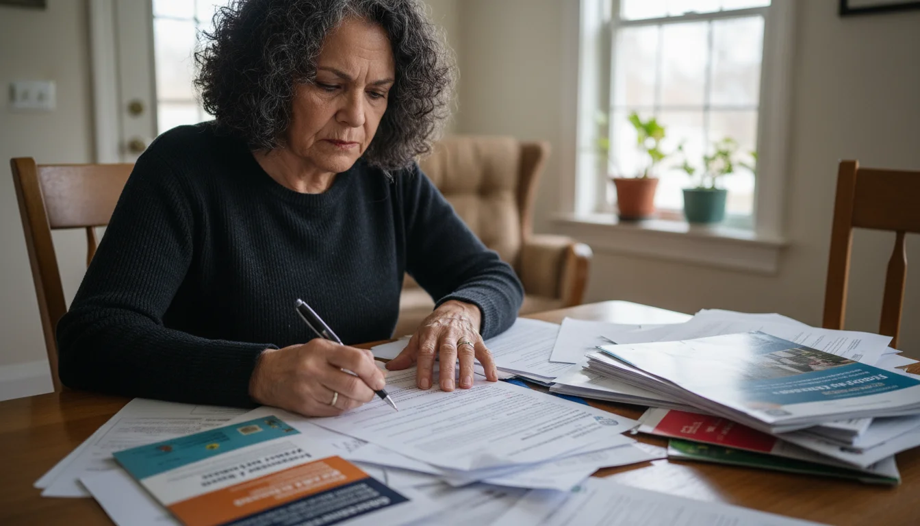 Older woman with graying hair sits at a table covered with multiple housing application forms, a pen in her hand.