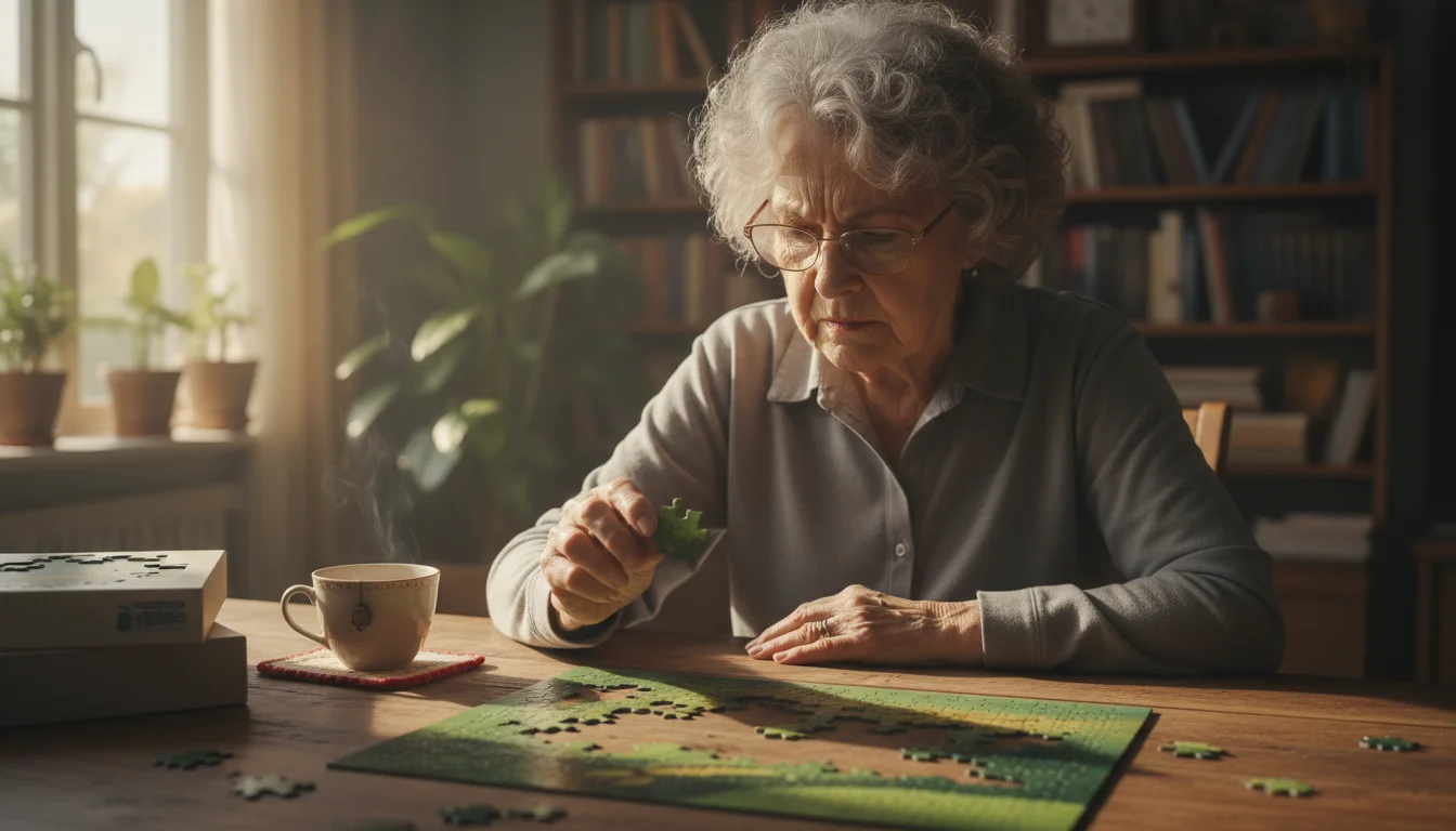 An older woman with grey hair concentrates while placing a piece into a complex jigsaw puzzle on a sunlit table.